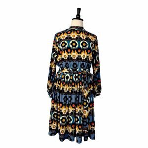 Eloquii Midi Dress Long Sleeve Fit Flare Retro Blue Orange Multi Women’s Size 16